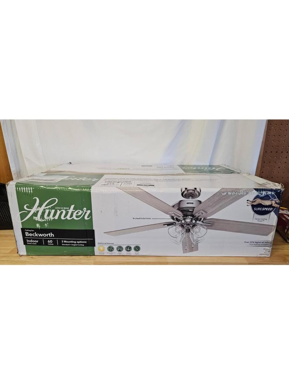 Hunter Beckworth 60” Ceiling Fan Brushed Nickel LED Light SureSpeed Indoor